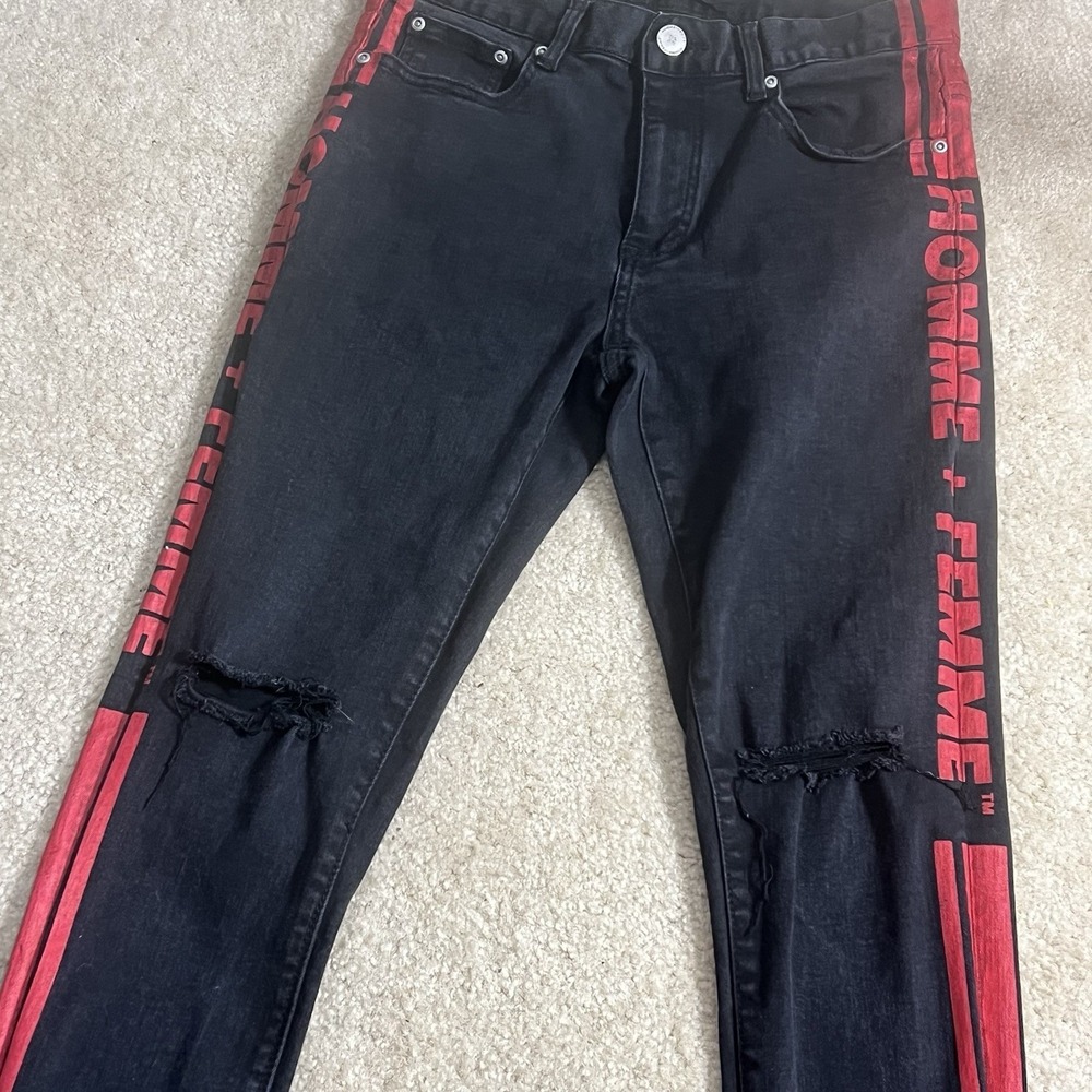 Homme + Femme Black Skinny‎ Jeans Mens 32 Distressed Red Stripe Logo Pants